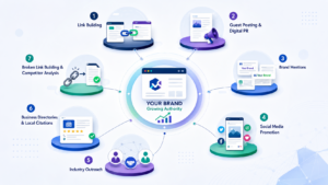 Seven Off-Page SEO techniques including link building, digital PR, brand mentions, social media promotion, outreach, local citations, and competitor analysis