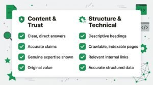 Practical AEO checklist covering content, trust, structure, and technical SEO
